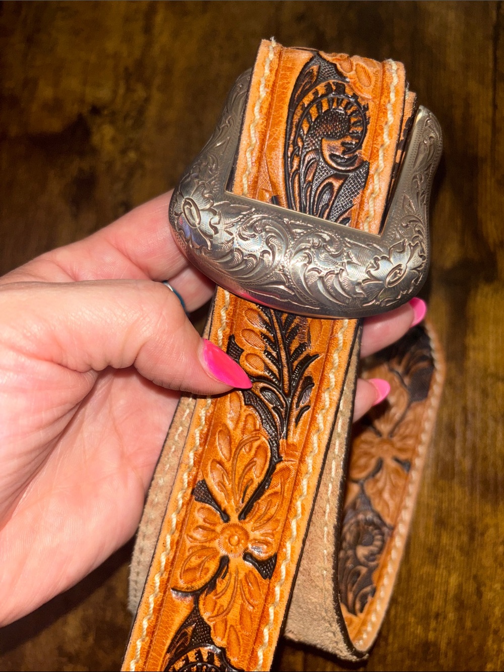 Tony lama Floral Leather Belt with Engraved Silver-Tone Buckle - Tan & Brown